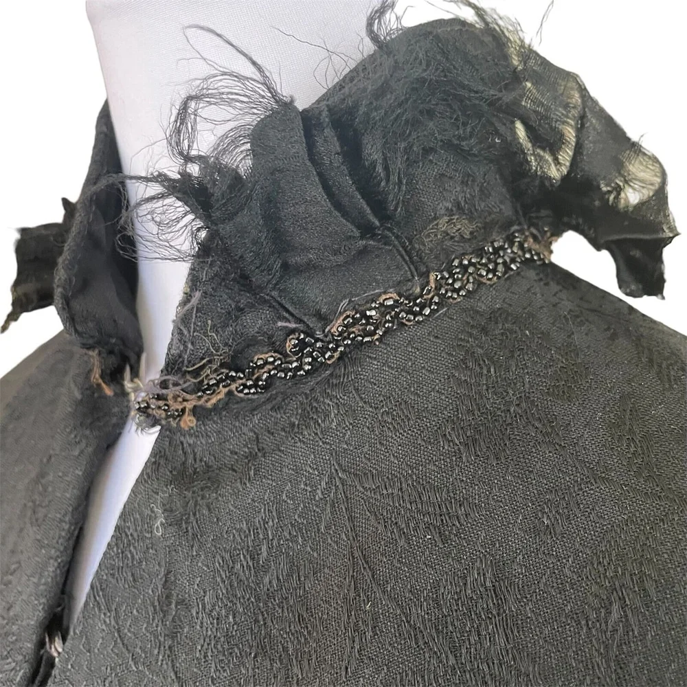 Victorian Edwardian Black Brocade Cape Feather Beaded